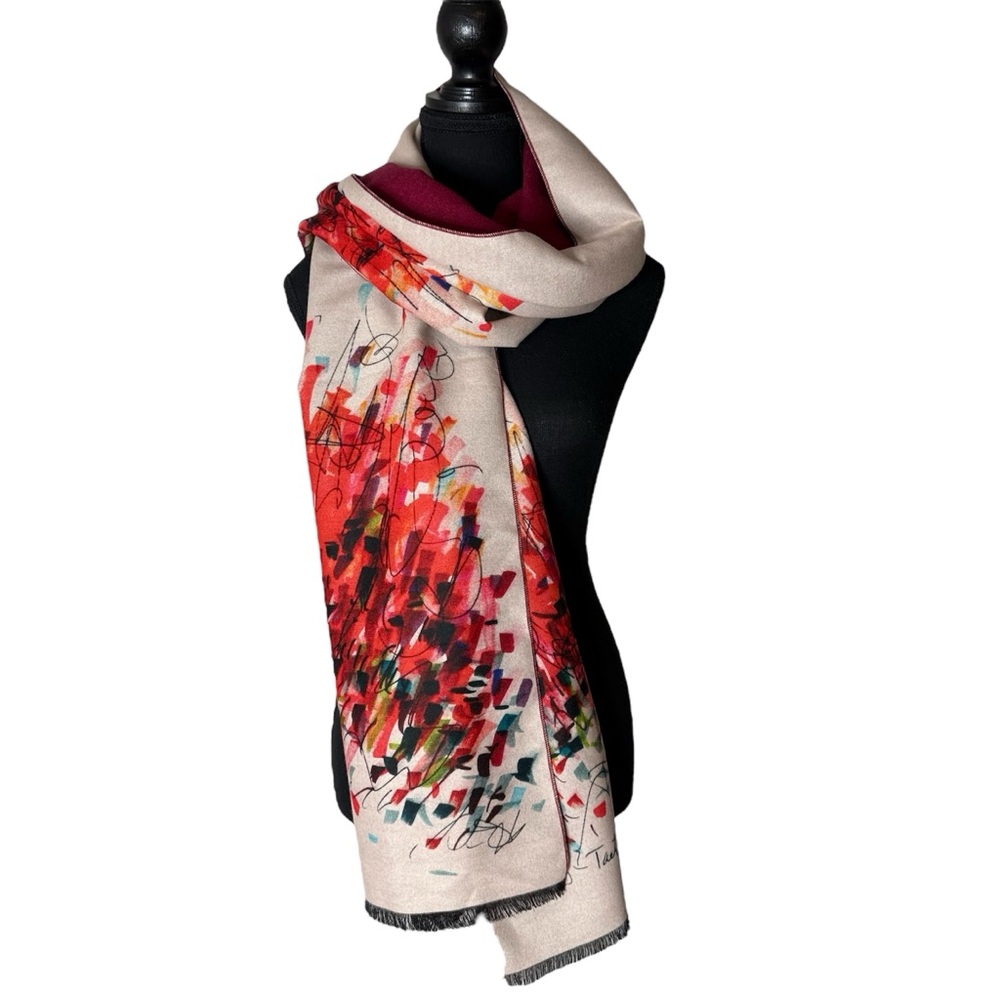 Reversible Cashmere Wrap Scarf Artistic Abstract Taupe Burgundy Fringe Ends